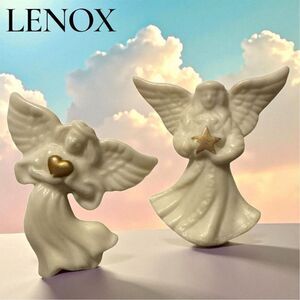 Vintage Lenox Two Porcelain Christmas Angel Brooch Gold Star Heart Collectible